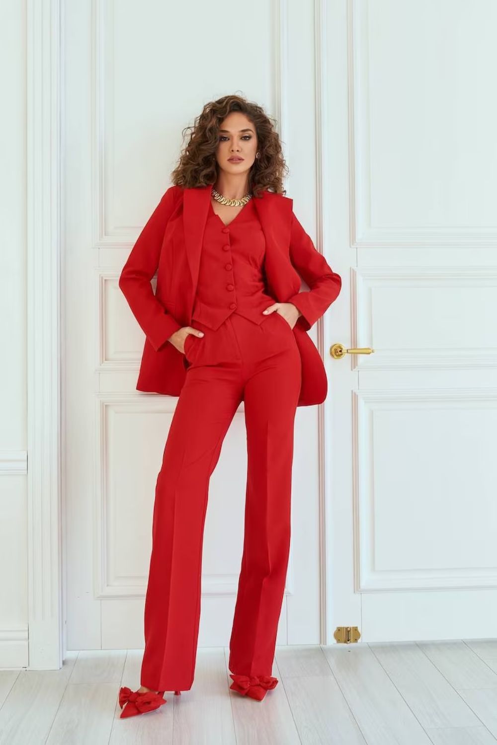 red woman's suit